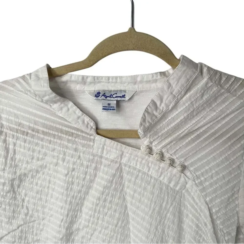 April Cornell White 100% Cotton Dress Size M Sleeveless Mandarin Collar Summer